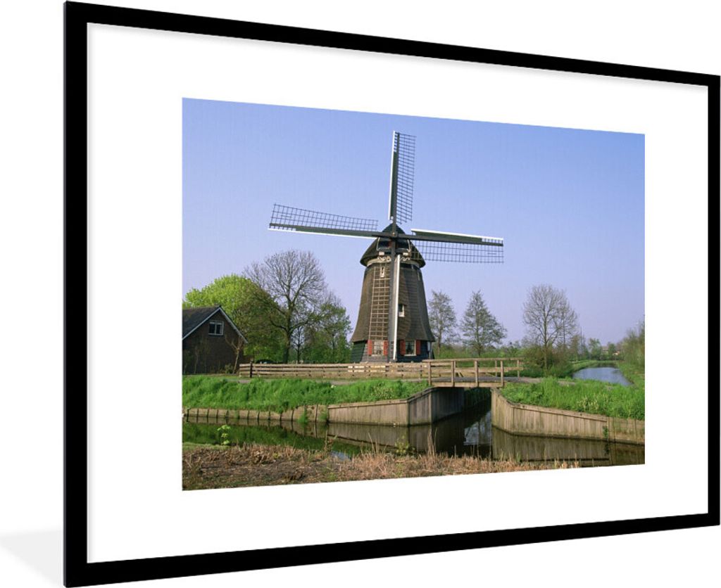 MuchoWow Gerahmtes Poster Windmühle entlang des Kanals 90x60 cm - Poster mit Schwarzem Bilderrahmen Wandposter Rahmen Foto Bilder - Wanddekorati...
