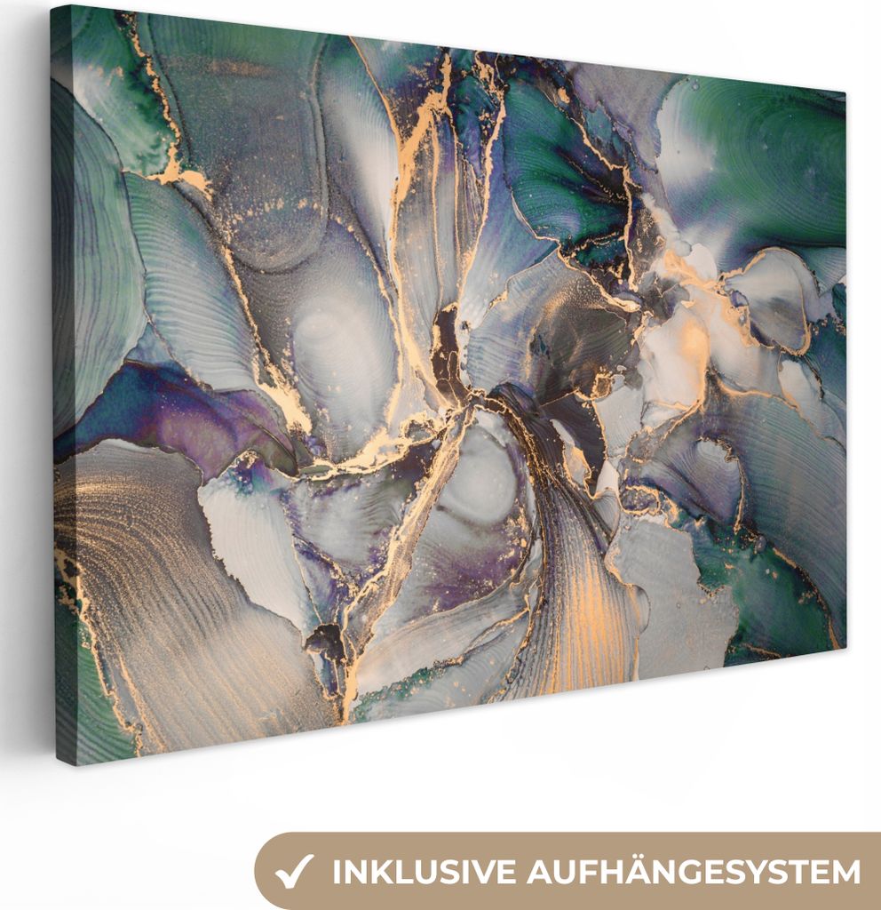 MuchoWow - Leinwandbilder - Gold - Blau - Marmor, Wandbild, Wanddeko Bilder Wohnzimmer, 90x60 cm