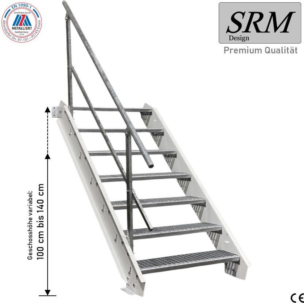7 Stufen Stahltreppe Weiß Breite 70 cm Geschosshöhe 100 - 140 cm 1x Geländer