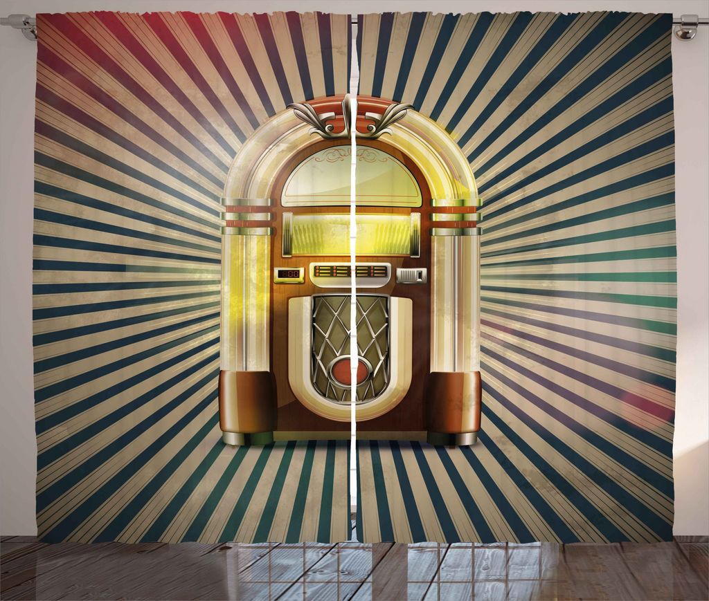 ABAKUHAUS Jahrgang Rustikaler Vorhang, Antique Radio Music Box, Wohnzimmer Universalband Gardinen mit Schlaufen und Haken, 280 x 175 cm, Petrol Bla...