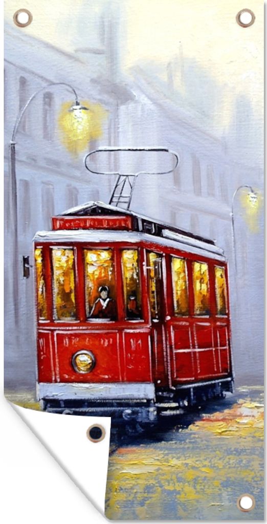 MuchoWow 30x60 cm Outdoor-Poster Gartendeko Sichtschutz Garten Poster für den Garten Gemälde - Straßenbahn - Stadt - Öl