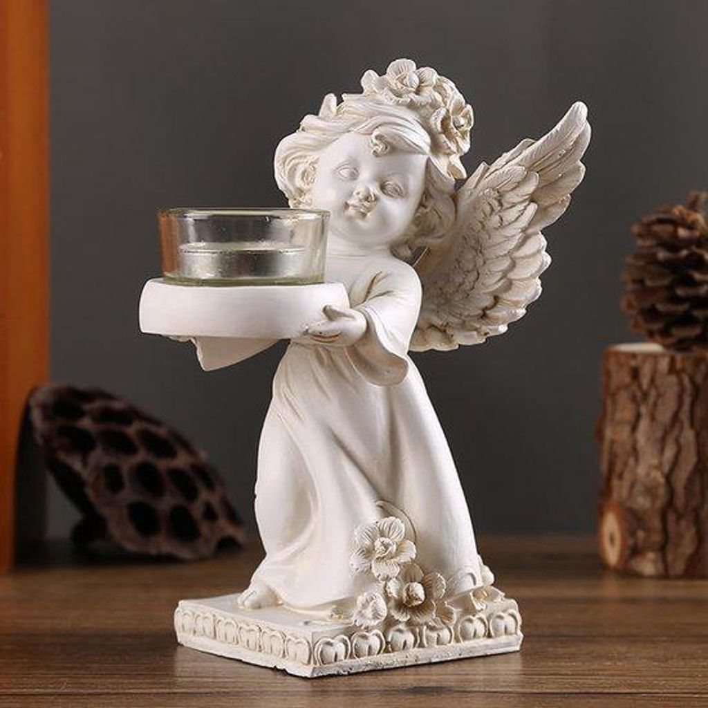 Engel-Kandelaar aus Harz, Dekorative Kerzenständer mit kleinem Bildchen (17*9,5*7,5 cm)