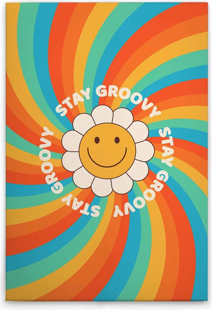 TADESSI Leinwandbild Buntes Retro Bild "Stay Groovy" - Wandbild 50 x 75 cm - Kunstdruck auf Leinwand in Bunt Gelb - M1-No.51640