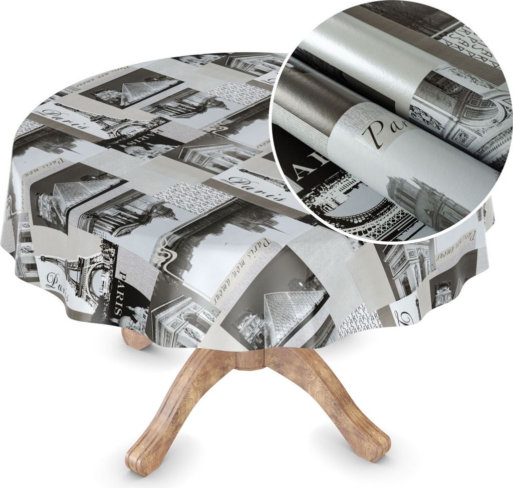 Tischdecke Wachstuch MIMOSA Retro Grau Robust Wasserabweisend Rund 120 cm