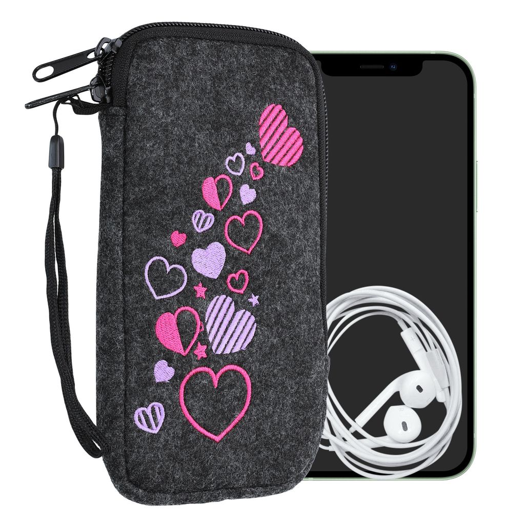 kwmobile Handytasche für Smartphones XL - 6,7/6,8" - Handy Filztasche - Herzen Mix Rosa Violett Dunkelgrau - 17,2 x 8,4 cm Innenmaße