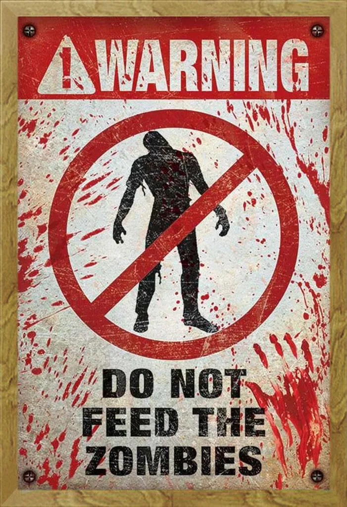 Divertimento - Poster - Attenzione! Non date da mangiare agli zombie + cornice rimovibile, Shinsuke® Maxi MDF oak, disco acrilico