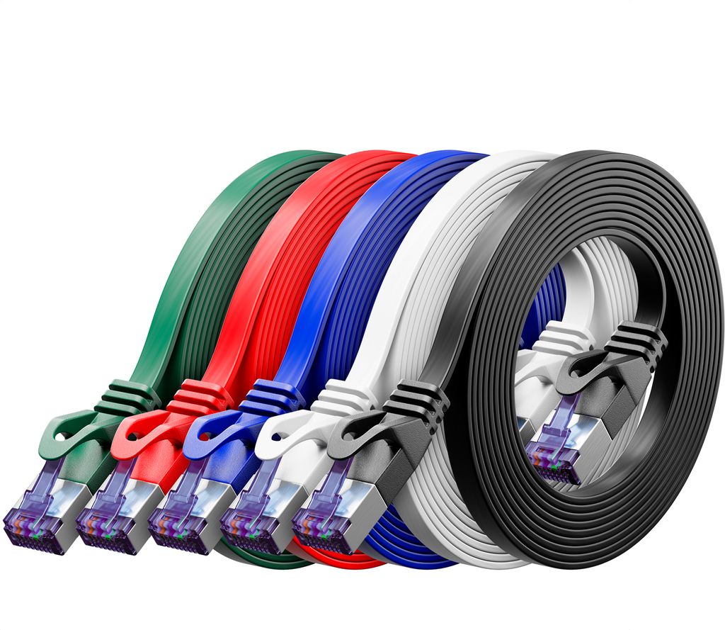 deleyCON 5x 0,5m RJ45 Patchkabel Flachkabel mit CAT7 Rohkabel Netzwerkkabel Ethernetkabel Slim U/FTP Gigabit Ethernet Lan Kabel - Bunt