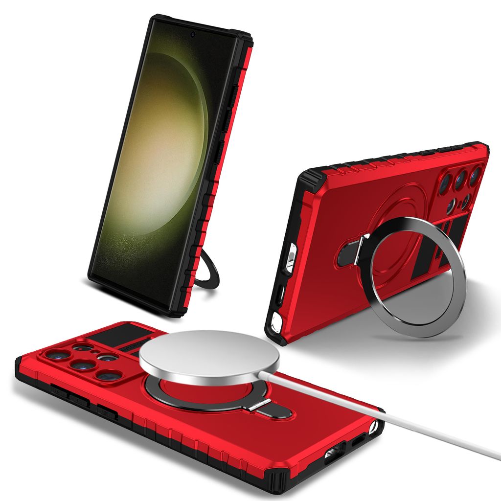Für Samsung Galaxy S25 Ultra Hülle Magsafe Magnetisch Ring Ständer Schutzhülle, Dual Layer Handyhülle Rot