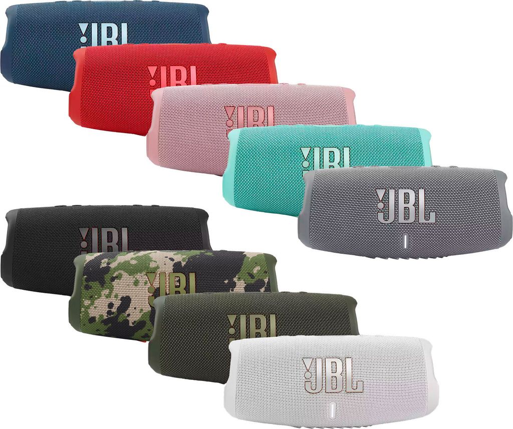 A collection of JBL Charge 5 Bluetooth speakers in various colors, arranged in a staggered pattern.