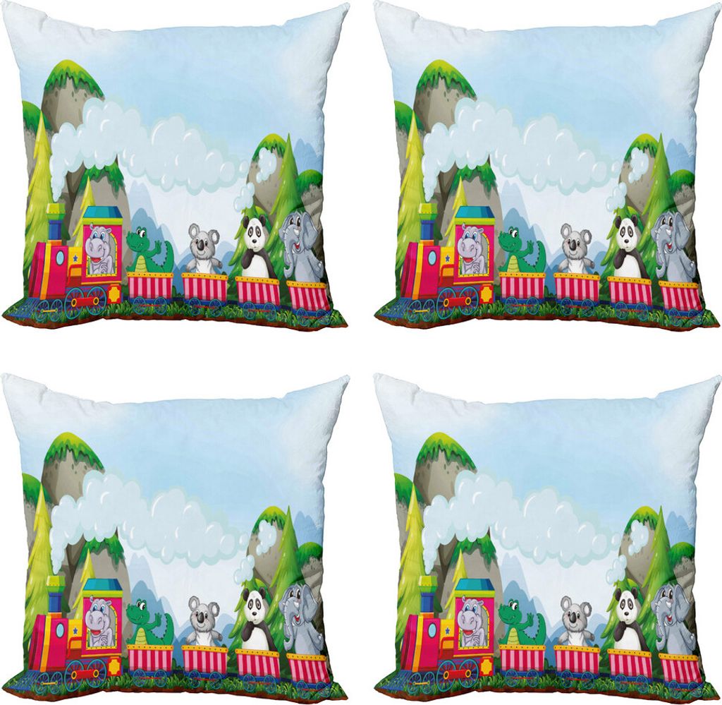 ABAKUHAUS Kindergarten Kissenbezug Set (4 Stück), Cartoon Tiere auf Zug, Moderner Doppelseitiger Digitaldruck, 50 cm x 50 cm, Mehrfarbig