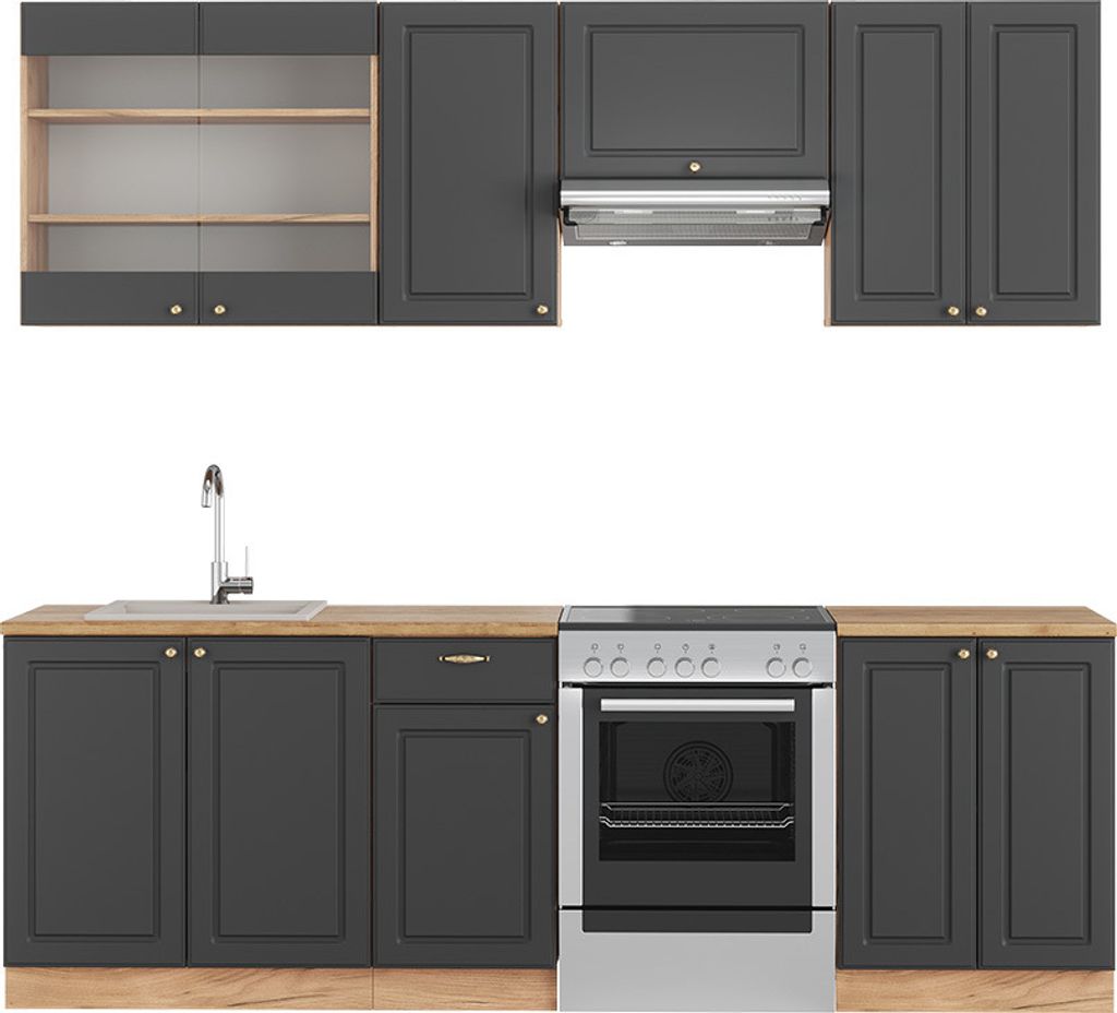 Küchenzeile Vicco Fame-Line Anthrazit Landhaus/Goldkraft Eiche 240 cm ohne Arbeitsplatte, Model 38667