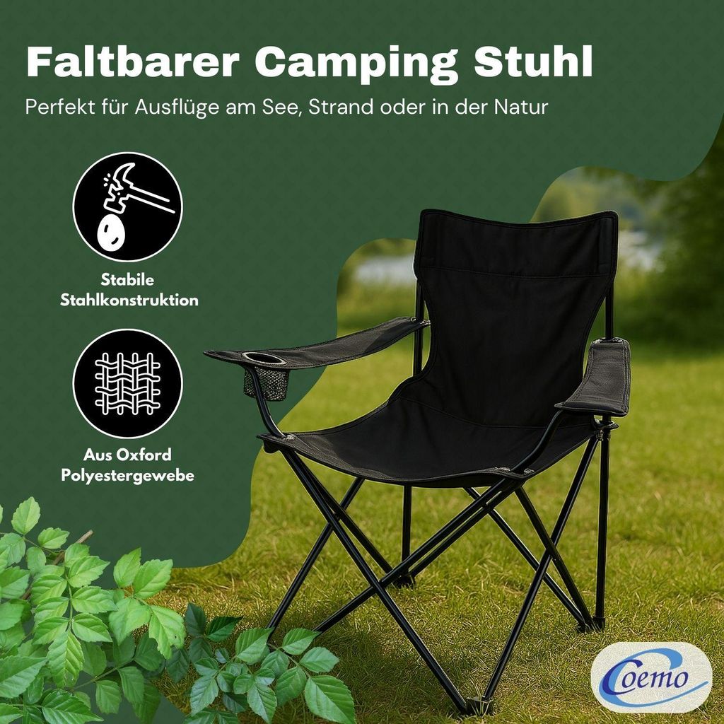 Coemo 4er-Set faltbarer Campingstuhl Faltstuhl mit Tragetasche in Schwarz