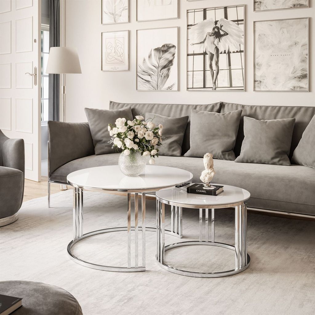 LORI GLASS 2in1 runder Couchtisch silber Chrom / Weißes Produktbild 