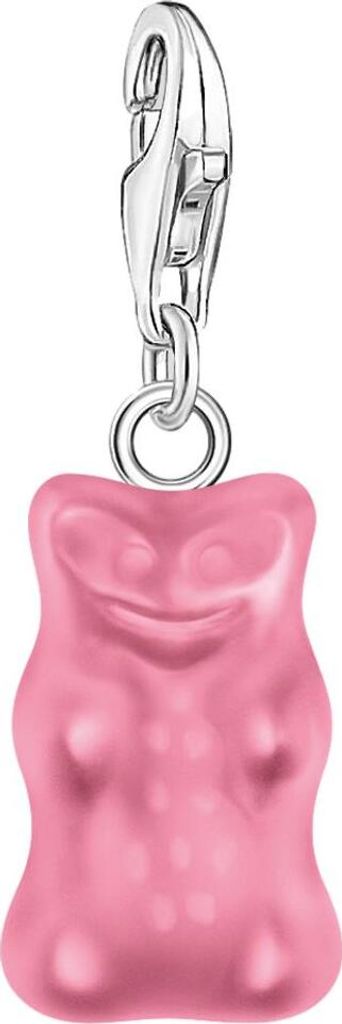 A pink gummy bear charm with a silver clasp, isolated on a white background.