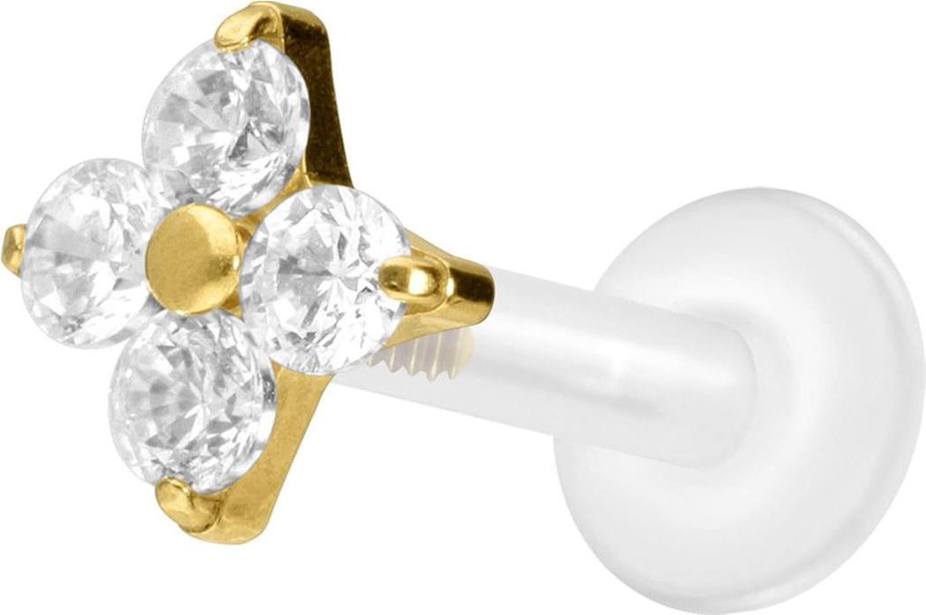 Ohrpiercing, Nasenpiercing PTFE Labret mit Innengewinde + Titan-Aufsatz KRISTALLBLUME Gold Stablänge: 10mm | Stabstärke: 1,6mm