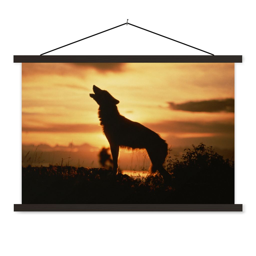 MuchoWow Textilposter Wolf - Sonne - Scherenschnitt 60x40 cm mit schwarzem Rahmen - Hölzernes