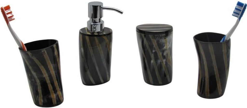 4tlg Set Bad Accessoires Seifenspender Dose 2 x Zahnbürstenhalter natürliches Horn Handarbeit Ines