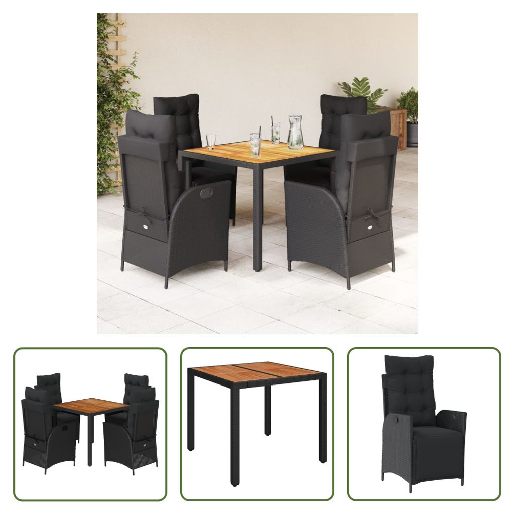 The Living Store 5-tlg. Garten-Essgruppe mit Kissen Schwarz Poly Rattan