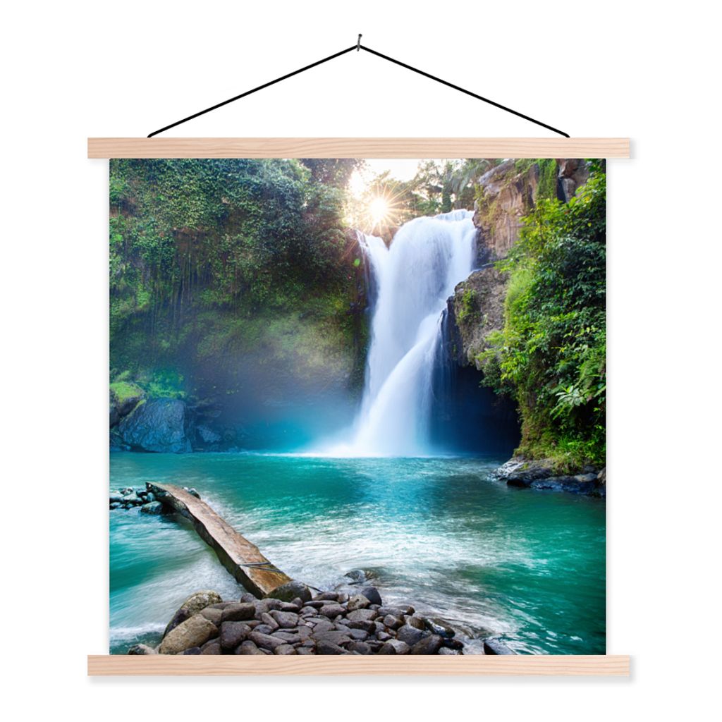 MuchoWow Textilposter Wasserfall - Steine - Landschaft - Pflanzen - Wasser 60x60 cm mit holzfarbenen Rahmen - Wanddekoration