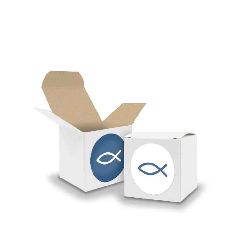 SET Fisch (Motiv31) 24x Faltschachtel Würfel 5cm weiß innen braun+Sticker