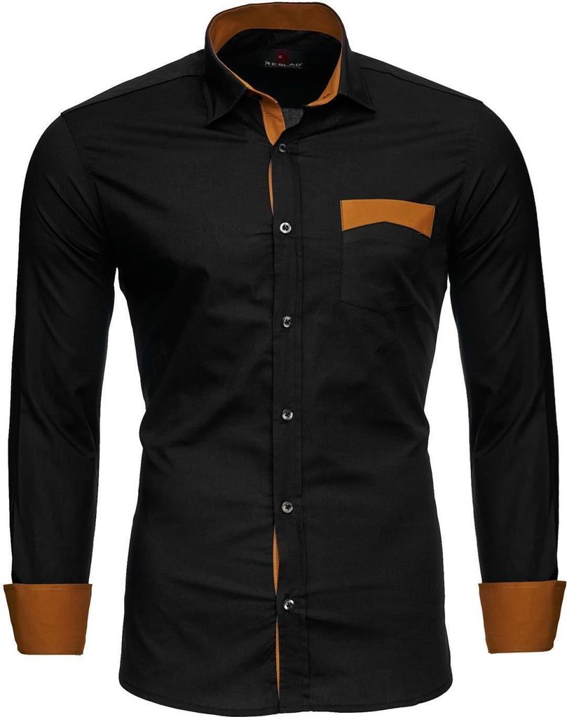 Reslad Herren Hemd Exklusiv Two Tone Look Langarmhemd RS-7205 Schwarz XL