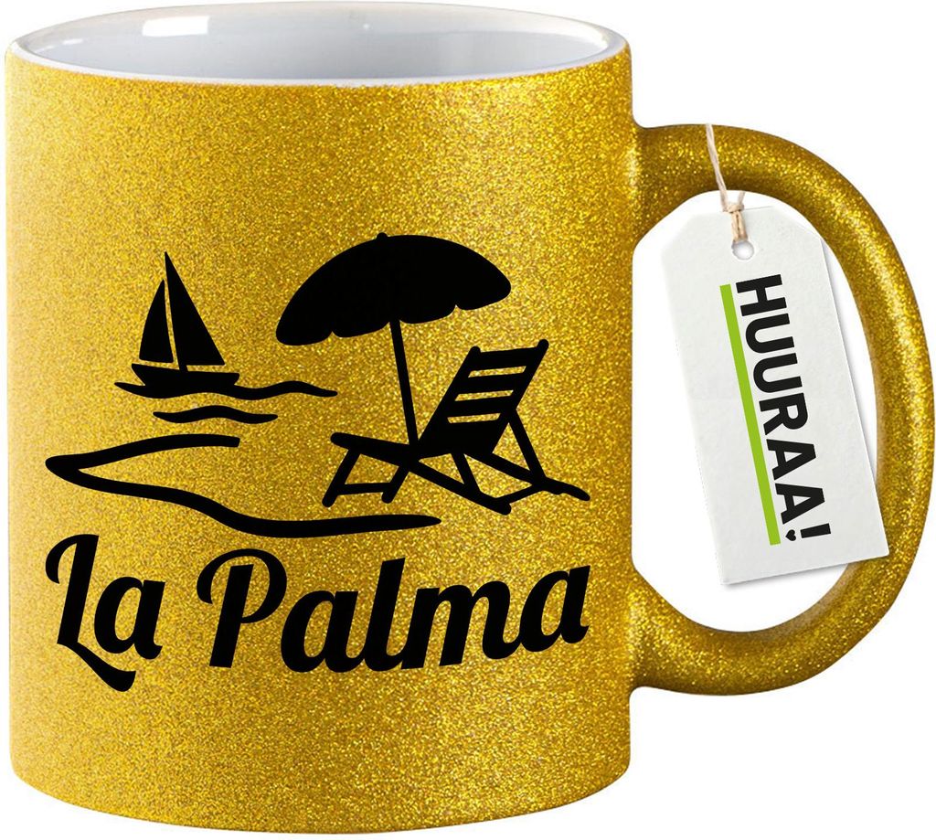 Huuraa Glitzertasse La Palma Inselmotiv Spanien 330ml Gold Keramik Kaffeebecher Geschenkidee