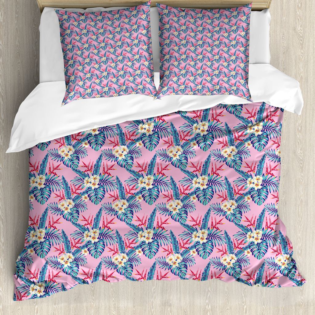 ABAKUHAUS Hibiskus Bettbezug Set für Einzelbetten, Abstrakte Tropische Blumen, Milbensicher Allergiker geeignet mit Kissenbezug, 200 cm x 200 cm -...