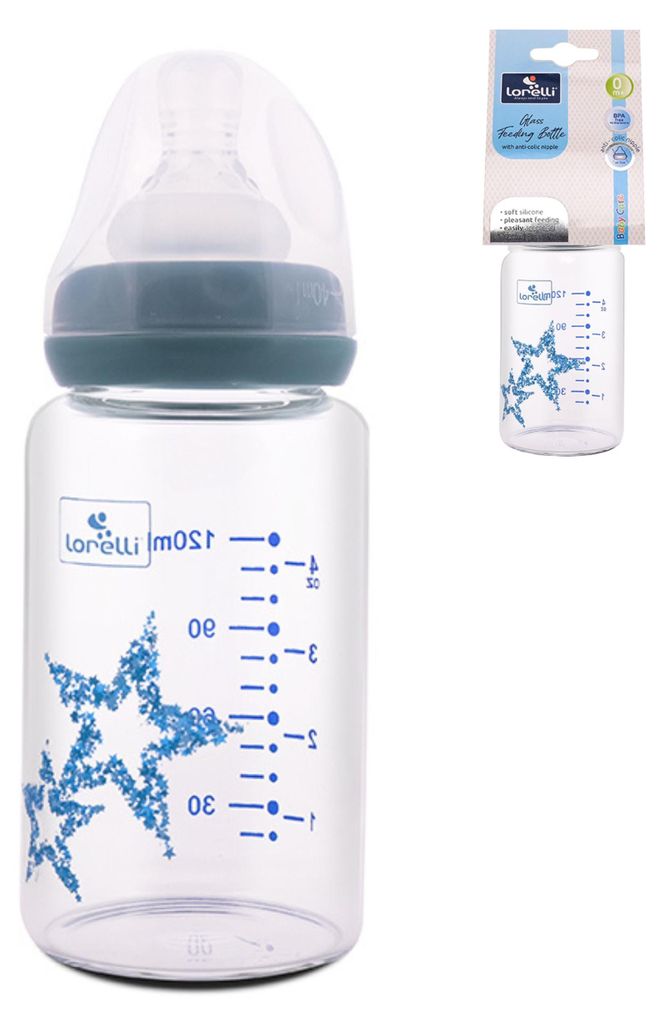 Lorelli Glas-Babyflasche 120 ml mit Anti-Kolik-Sauger – 0+ Monate, -frei, für Mikrowelle, Sterilisator & Flaschenwärmer, Pink/Blue