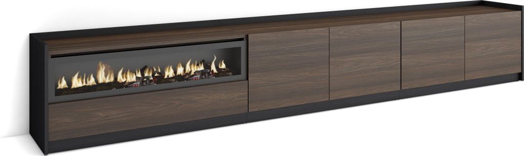 TV-Schrank, Lowboard, 310x37x50cm, Für TV-Geräte bis zu 80", Elektrokamin., Dunkler Eiche und Schwarz