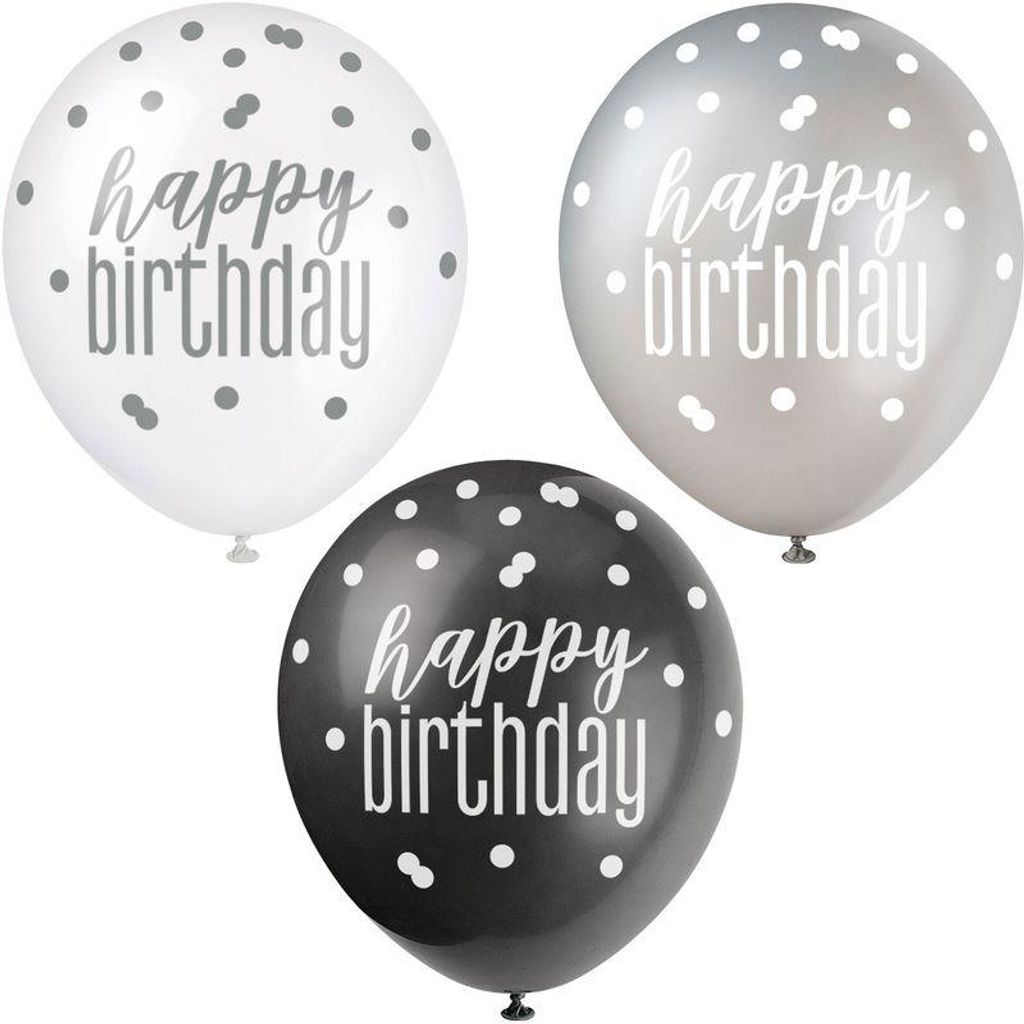 6 Luftballons schwarz & silber Happy Birthday Produktbild 