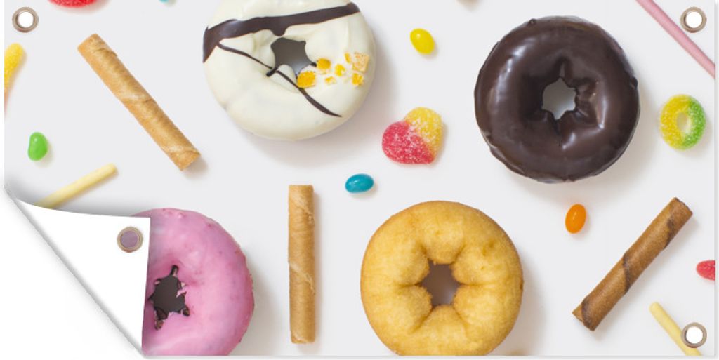 MuchoWow 160x80 cm Outdoor-Poster Gartendeko Sichtschutz Garten Poster für den Garten Donuts, Süßigkeiten und Kekse