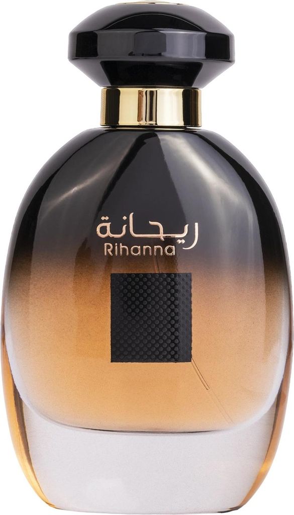 A perfume bottle with a gradient design from black to gold.