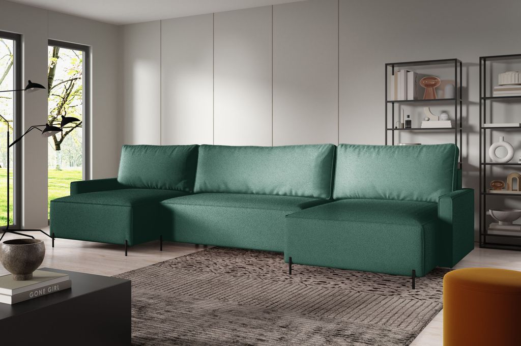 Ecksofas in U-Form ANTONIO EVER U 372x148cm, Wohnlandschaft mit Schlaffunktion & Bettkästen, Eckarniutur / Couch in Bouclé-Stoff Grün