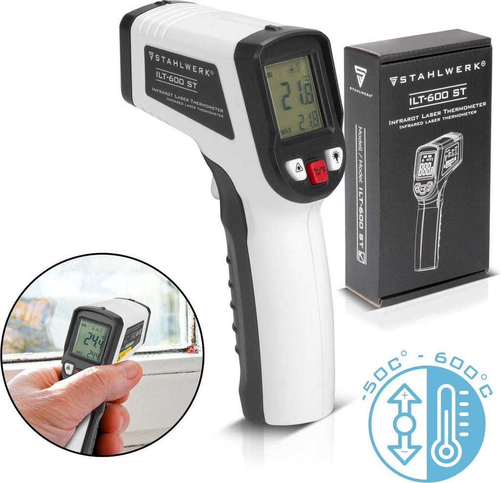 STAHLWERK Digitales Infrarot-Thermometer -50°C bis 600°C – Laser-Temperaturmessgerät, Pyrometer, Strahlungsthermometer für kontaktlose Messungen