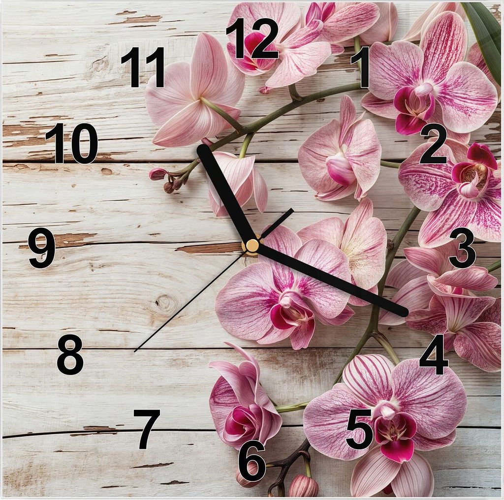 Wanduhr aus Glas mit Motiv Orchideen auf Holz- 30 x 30 cm - inkl. Aufhängesystem