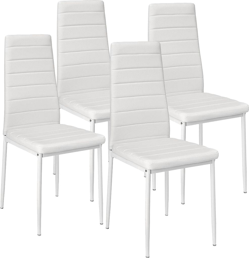 Four white dining chairs are arranged in a studio setting against a white background.