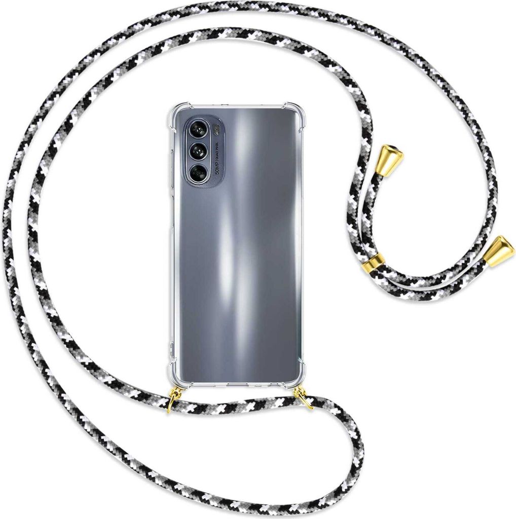Handykette Backcover-Schutzhülle mit Band (Metall goldfarben) für Motorola Moto G62 5G (6.5'') - schwarz/grau/weiß