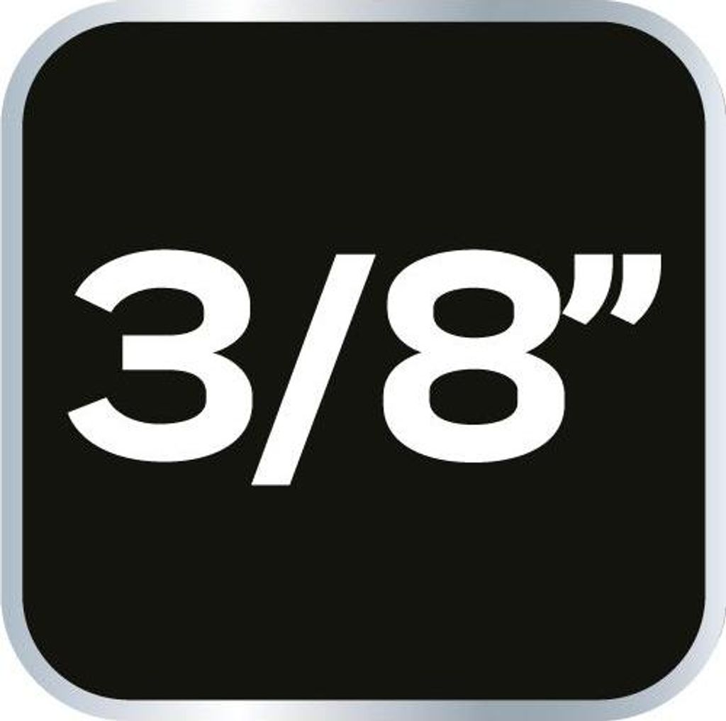 A black square with rounded corners containing the text "3/8" in white.