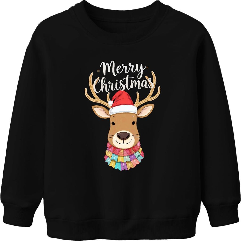 Merry Christmas Weihnachten Rentier Nikolausmütze niedlich bunt Uni Kinder Sweatshirt Pullover, Schwarz, 152