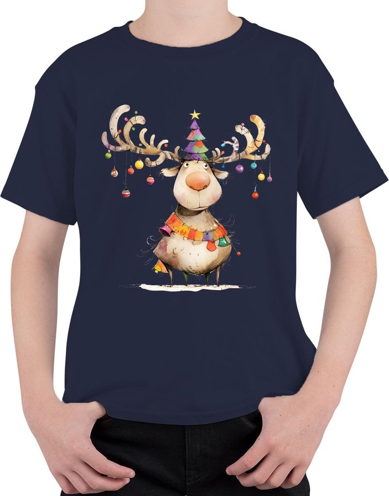 Rentier Weihnachten Geweih Christbaumkugel Lustig Kinder Bunt Uni Kinder T-Shirt, Navy, 140