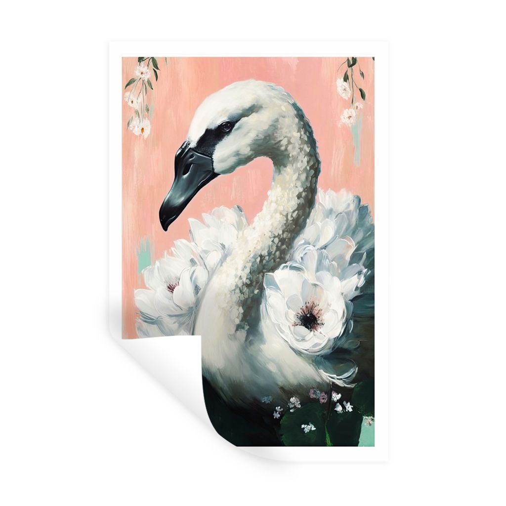 MuchoWow Wandtattoo Wandsticker Wandaufkleber Schwan - Tiere - Blumen - Pastell - Weiß 20x30 cm Selbstklebend und Repositionierbar - Sticker - D...