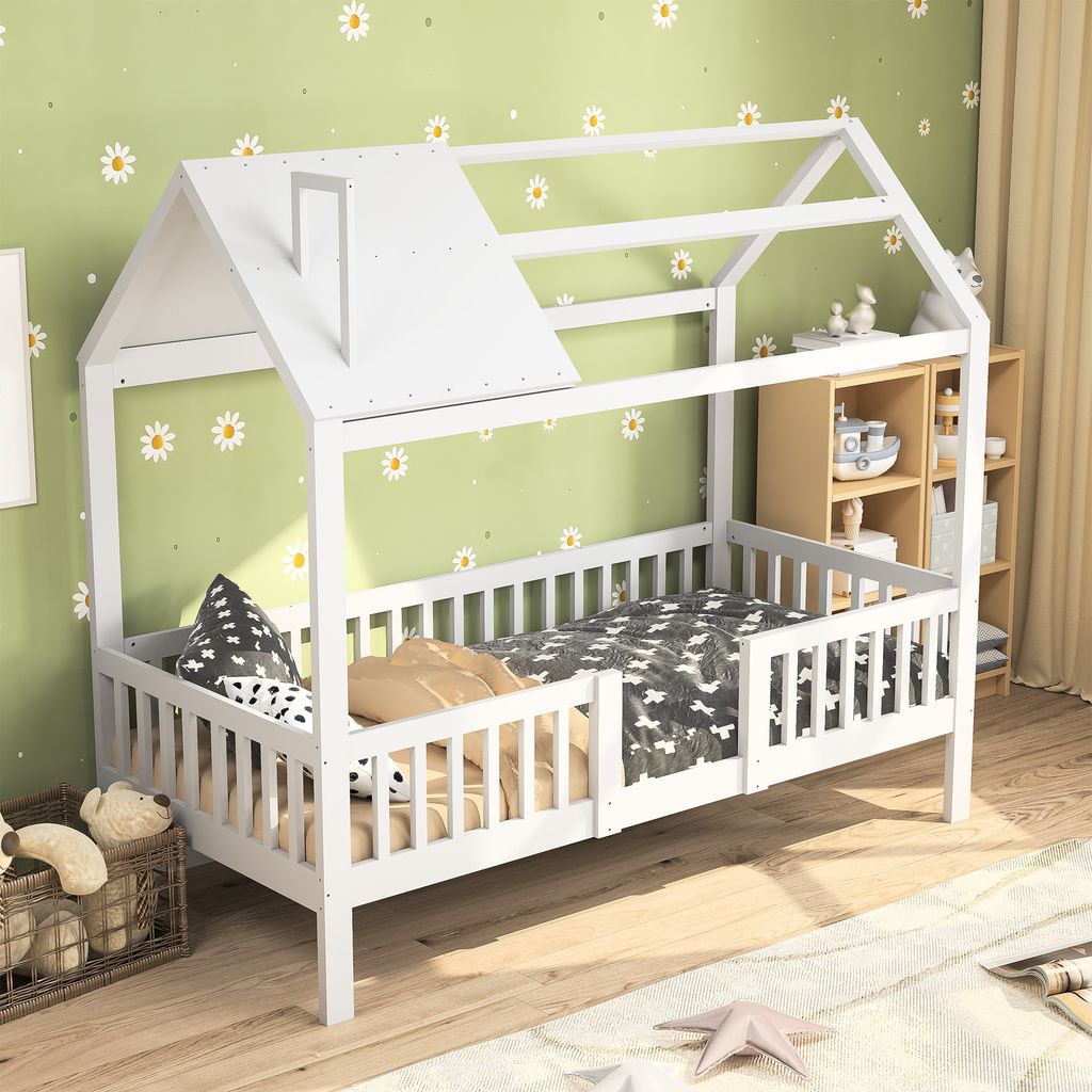ProximaX Kinderbett 90x200 cm mit Rausfallschutz und Rolllattenrost, Hausbett mit Dachgestell aus Kiefernholz für Jungen & Mädchen, Kinderzimmerb...