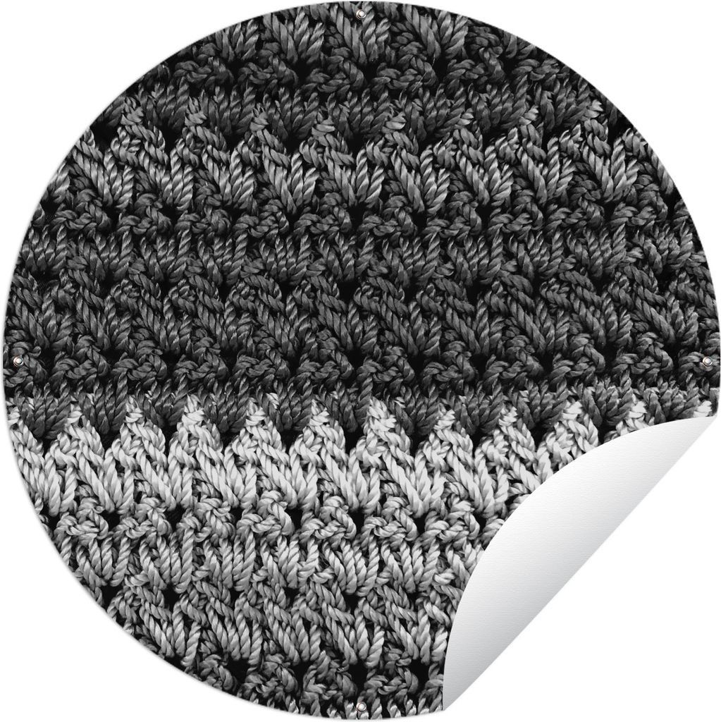 MuchoWow Gartenposter Outdoor-Poster Rund Makramee-Teppich - schwarz und weiß Ø 90 cm Gartendeko Rundes Poster draußen