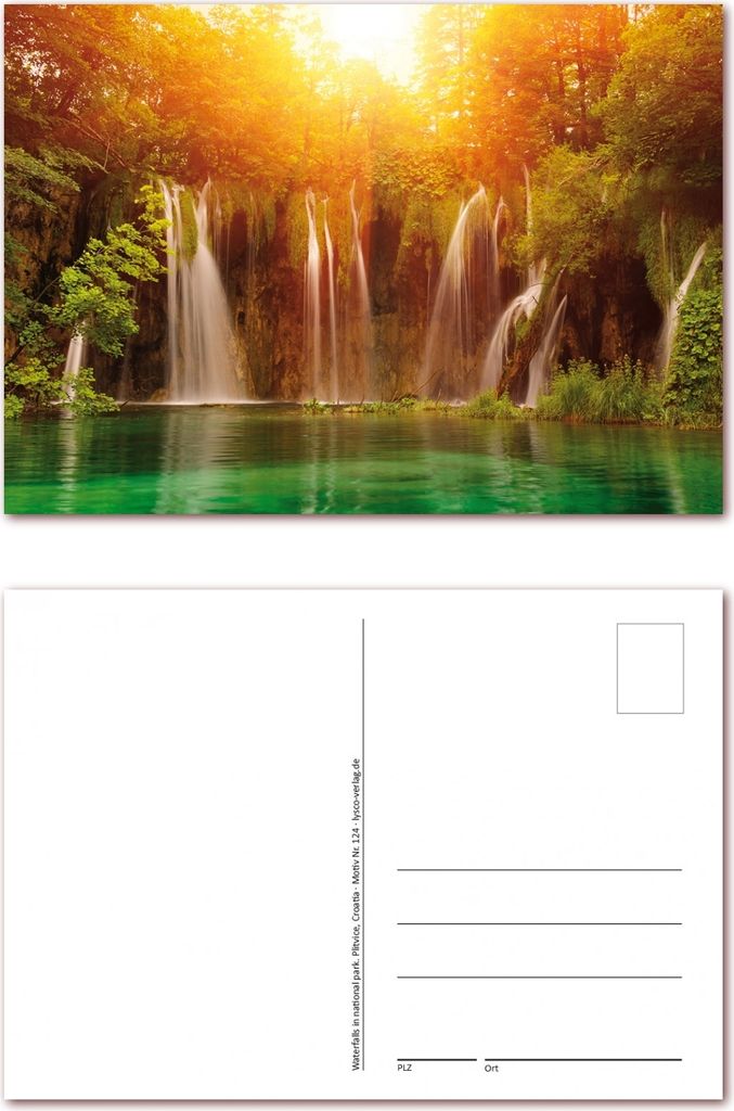 12 Stück Postkarten Wasserfall und Waldsee im Sonnenschein, Ansichtskarten im DIN A6 Format ( PKT-124 )