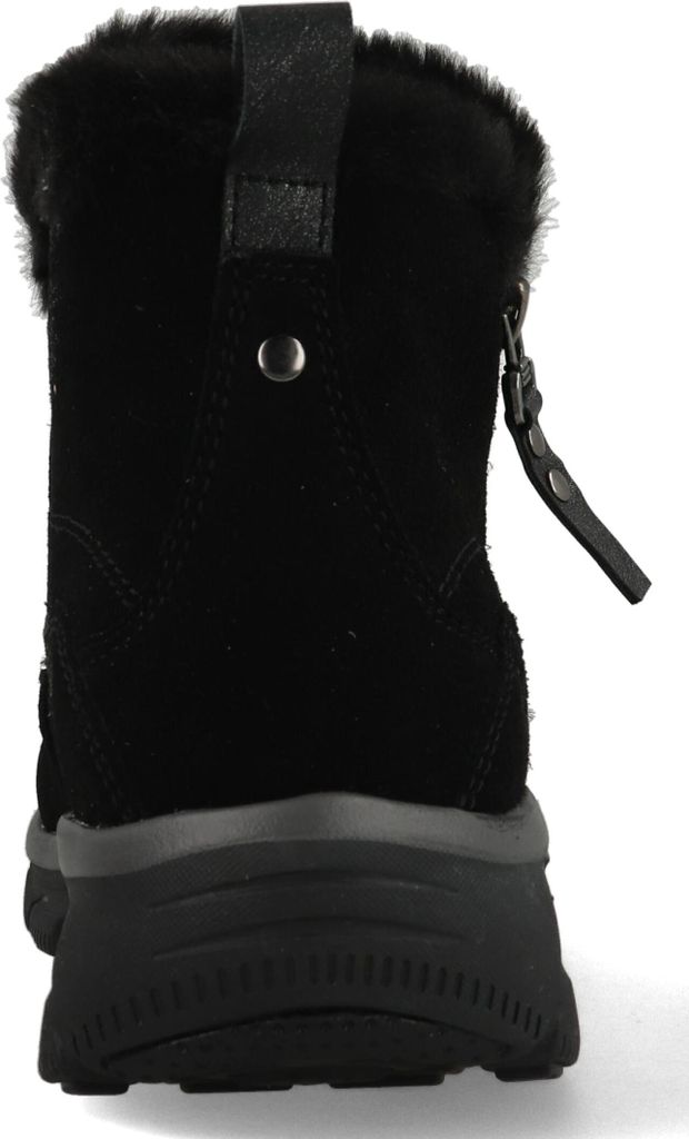 A black boot is shown from the back against a white background.