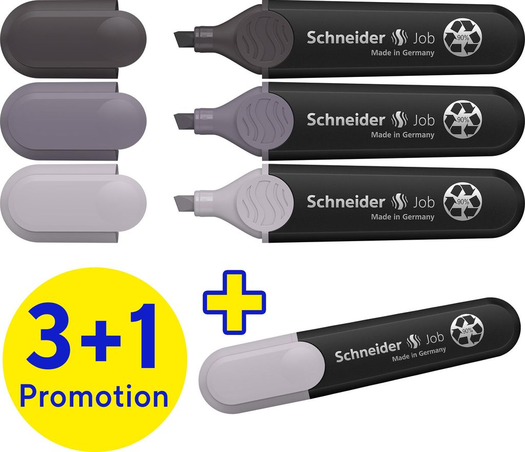 Schneider Textmarker Job grau sortiert Karton-Etui 4 Stück Aktion 3+1