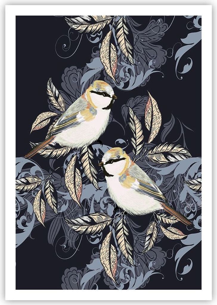 Poster - Poster ohne Rahmen - Vögel Blätter Ornament - 70x100 cm - Wand Bild - Wanddeko - Wandbilder - Kunstposter - Wandposter - Bilder - Kunstd...