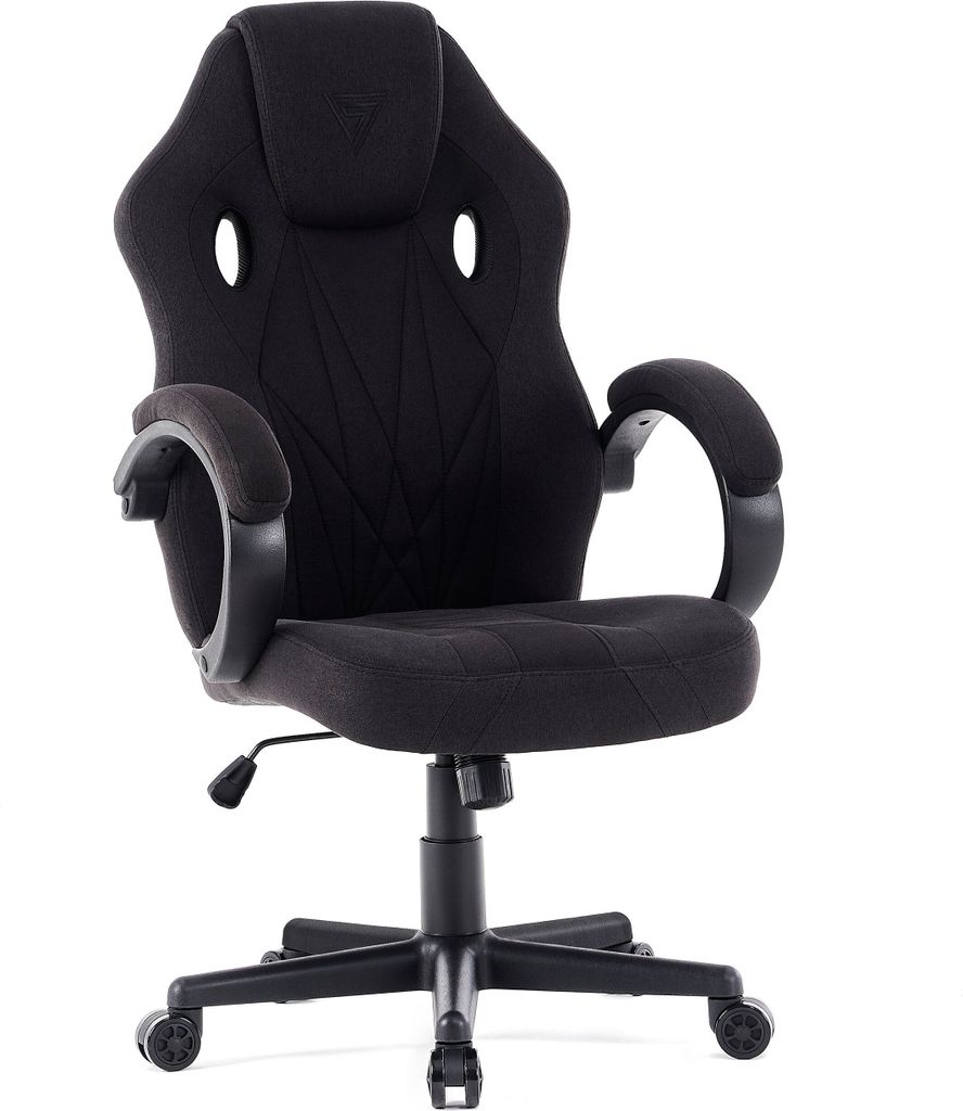 A black gaming chair is shown against a white background.