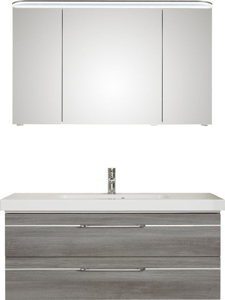PELIPAL Balto Sprint Bad Möbel 3er Set Spiegelschrank, Waschtisch, Unterschrank Graphit Struktur quer NB 123 cm breit
