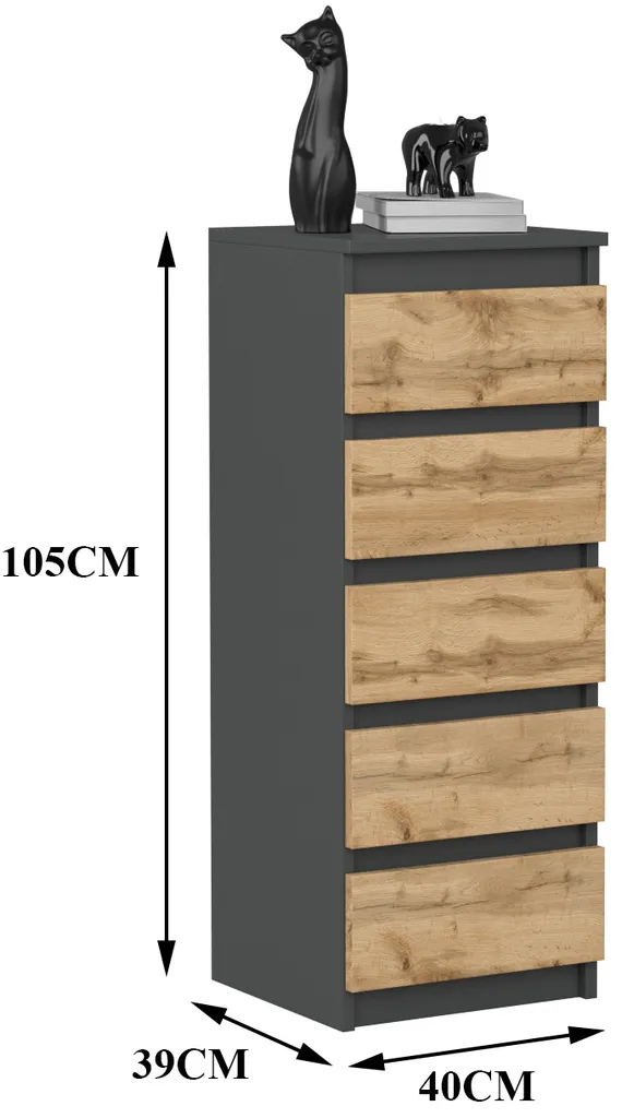 Commode VBChome 5 tiroirs 40x39x105 cm Anthracite et Chêne élégant - 3